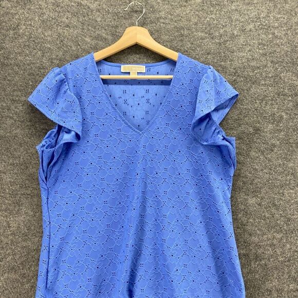 Michael Kors Blouse Women L Large Blue Floral Embroidered V-Neck Short Sleeve - Picture 3 of 9